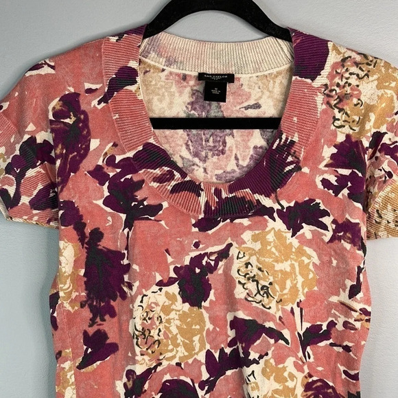 ANN TAYLOR Factory Floral Sweater Mauve Purple Tan Short Sleeve Scoop Neck M - Picture 3 of 9
